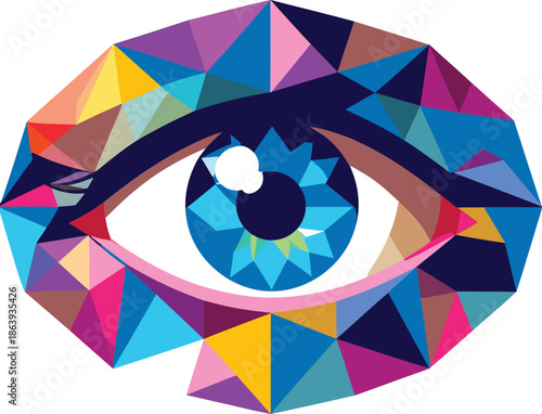 Vibrant polygonal eye with colorful geometric patterns