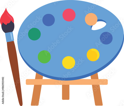 Colorful artist's palette with paintbrush on easel for creative projects