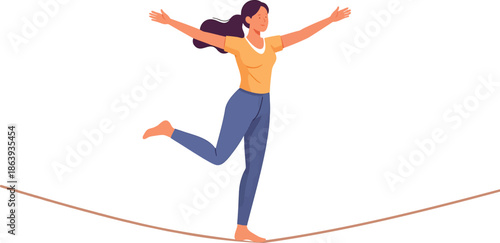 Woman balancing on tightrope with arms outstretched in air