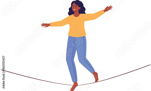Confident woman balancing on tightrope with outstretched arms