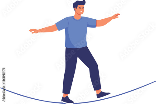 Man balancing on tightrope with safety rope in hand confidently