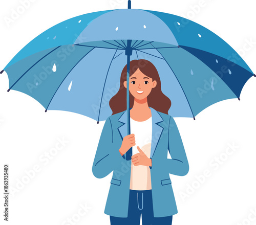 Smiling woman standing under blue umbrella on rainy day