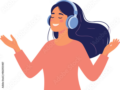 Woman enjoying music with headphones and colorful notes around her