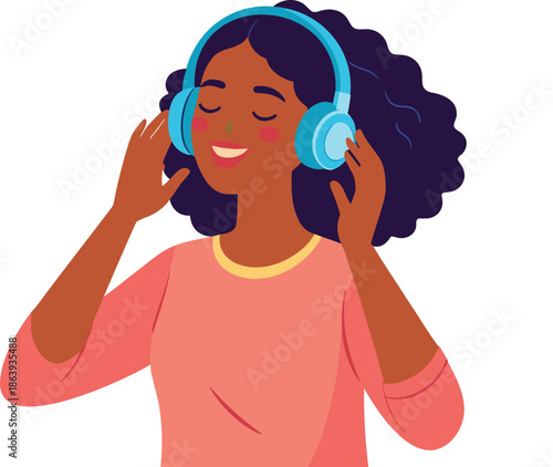 Woman enjoying music with headphones and colorful musical notes around her