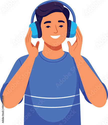 Happy young man enjoying music with headphones on