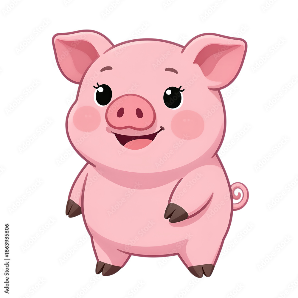 Fototapeta premium Happy cartoon pig with pink skin smiling.