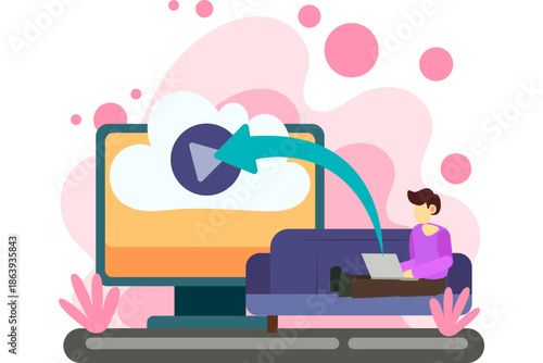 Illustration of a person working on a laptop on a couch with a large computer screen displaying a video play button in the background