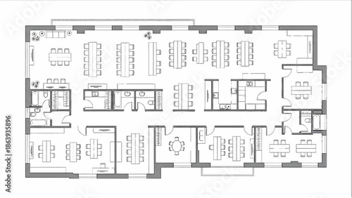High-Quality Black Continuous Line Art of Modern Coworking Space Floor Plan with Shared Desks and Meeting Rooms