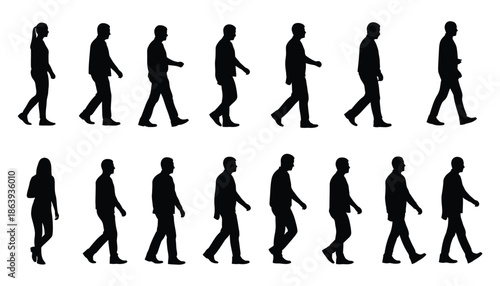 Vector illustration set featuring a black shadow outline of a diverse business team, fashion models, and a family walking in a group of people silhouettes