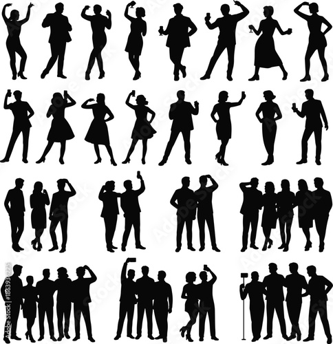 Human silhouette poses, expressive gestures, group interaction chart, body language reference, black outline, thinking stance, crutch user, posture variation, gesture pack