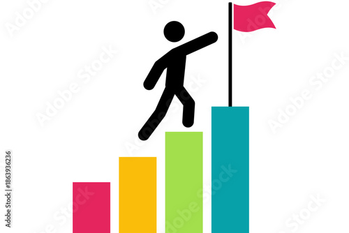 A person climbing a bar graph with a flag on top, symbolizing achievement and success in a simple illustration style.