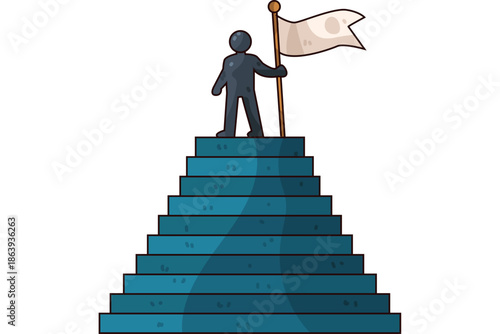 A person stands triumphantly on a staircase, holding a flag, symbolizing achievement and success from a rear viewpoint.
