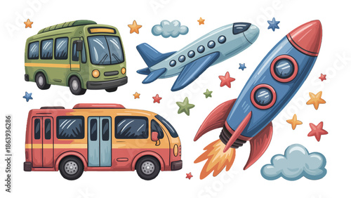 Whimsical Journey: A vibrant scene showcases a medley of vehicles, including a bus, a plane, and a rocket, set against a backdrop of stars and clouds, evoking dreams of adventure and travel.