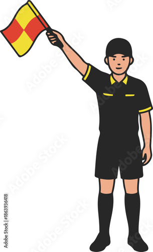 Vector illustration of a soccer assistant referee or linesman standing and raising a checkered flag to signal an offside or foul.