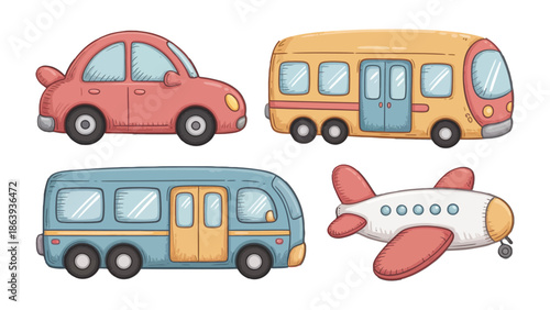 Diverse Transportation Illustration: Charming illustrations of transport options including a car, bus, plane, and van, conveying travel, mobility, and movement. 