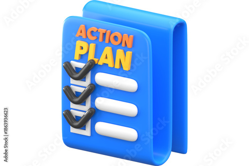 A 3D rendered checklist on a blue background with the words ACTION PLAN written on it