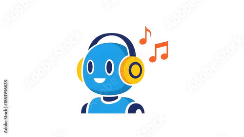 Happy robot enjoying music with headphones, a symbol of ai and technology in entertainment isolated on white background, Vector