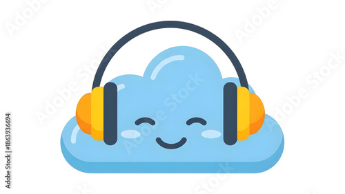 Happy cloud character wearing headphones illustrates music and audio streaming in the cloud isolated on white background, Vector