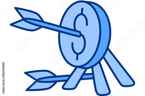 A blue dollar coin target hit by an arrow, symbolizing financial success and precision