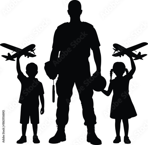 Military family silhouette, soldier with children holding toy airplanes, patriotic parenting, aviation dreams, armed forces inspiration, defense service, parental influence, heroism