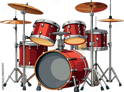 Professional Red Drum Kit Illustration with Cymbals and Hardware