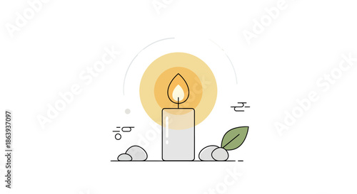 Serene candlelight with green leaf and stones on white