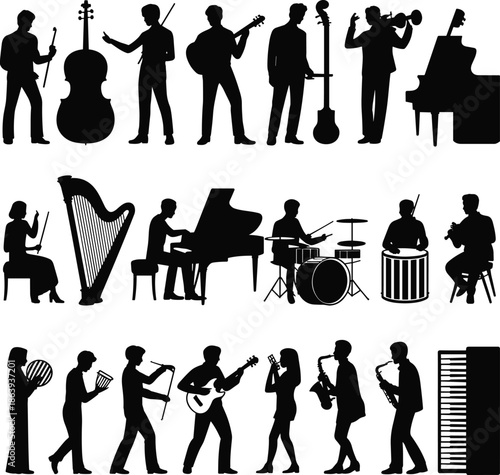 Musician silhouettes playing classical and jazz instruments, orchestra band collection, live music performance, artistic creativity, black white vector illustration set