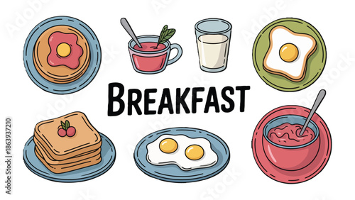 A Hearty Breakfast Spread: An array of breakfast items like pancake with syrup, bread with butter, egg and porridge, representing a delightful morning meal for you to start your day.