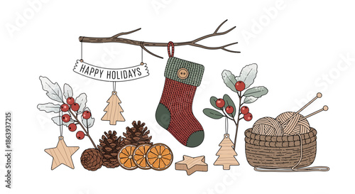 Cozy holiday illustration with knitting basket and Christmas decorations