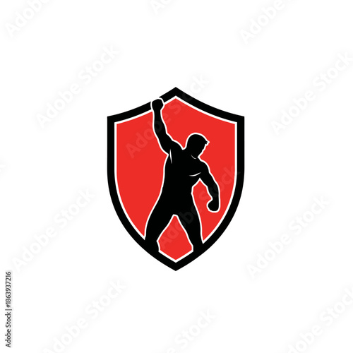 Wrestler holding a hammer on a red shield logo. Suitable for sports teams, event flyers, and merchandise designs. Bold and powerful design.