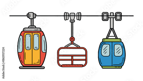 Cable Car Ride: A collection of cable cars against a clean backdrop, showcasing colorful designs and forms of transportation. A symbolic ride through the sky, hinting at travel and adventure.