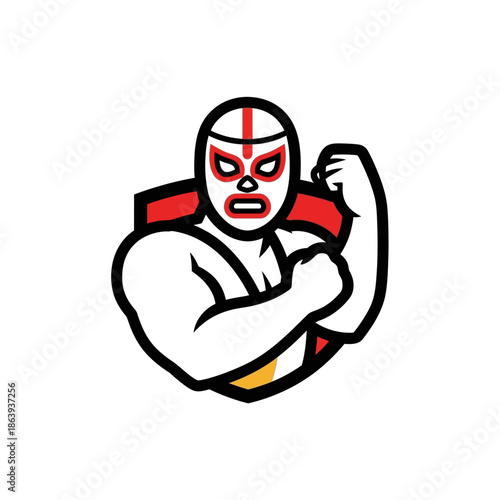Wrestler vector illustration of a muscular luchador in a red and white mask for wrestling-themed designs, sports events, and promotional materials.