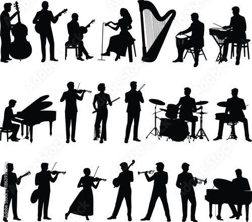 Musician silhouettes performing orchestra jazz band instruments concert isolated black vector illustration set for music education design projects creative icons