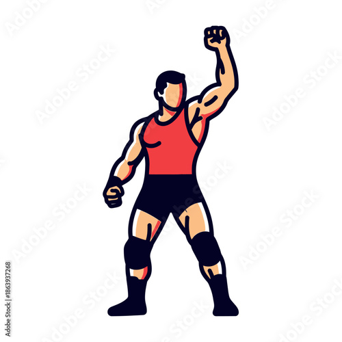 Wrestler vector graphic of a triumphant muscular wrestler raising his arm. Suitable for sports posters, wrestling events, logos, and merchandise.