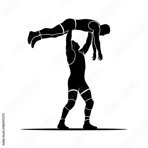 Wrestler vector of a victor lifting an opponent in wrestling victory suitable for sports blog, graphic design, and promotional materials.