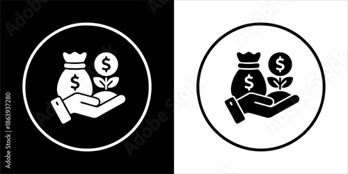 Title (29 Words): Professional investment growth icons featuring a hand holding a money bag and a sprouting dollar plant, designed as scalable vector graphics for wealth management, banking, and finan