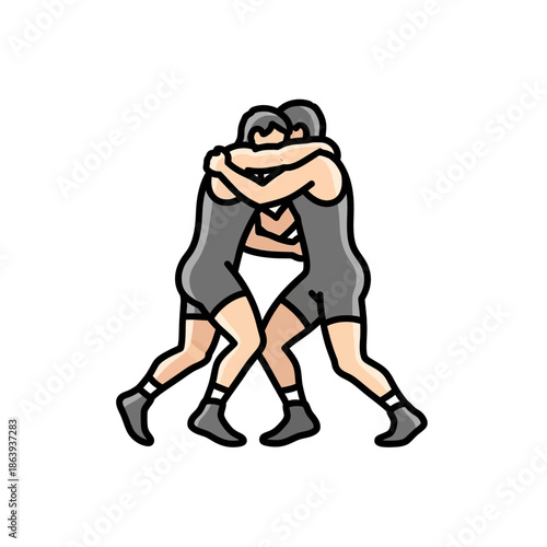 Two wrestlers in a close match, perfect for sports promotions, team logos, or fitness apparel designs. Strength and competition captured.