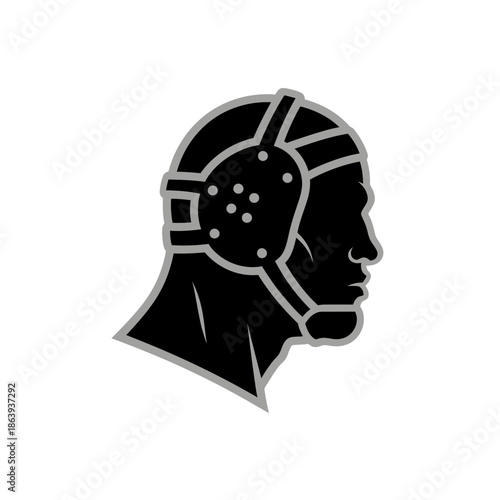 Wrestler vector head silhouette with protective headgear, suitable for sports-related designs, logos, and wrestling event promotions. Great for marketing materials.