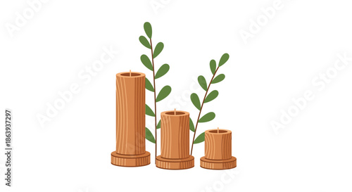 Wooden candle holders with green leaves on white background