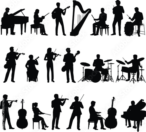 Musician silhouettes playing classical instruments orchestra band performance isolated black vector illustration set for concert music education design projects