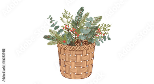 Cozy woven basket overflowing with lush greenery and vibrant red berries
