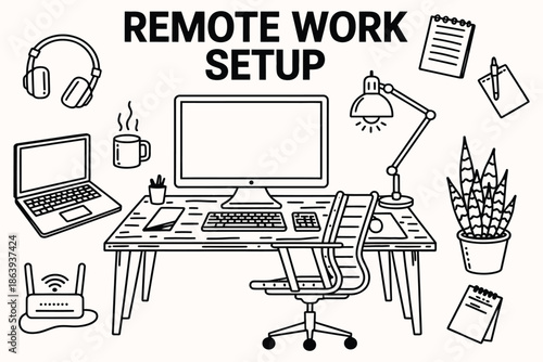 remote work essentials, remote work setup hand-drawn doodle illustration featuring laptop, monitor, keyboard, mouse, desk, chair, and coffee, perfect for home office, freelancing, and work from home.