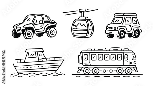 Transportation Vehicles: A collection of various transportation vehicles in monochrome illustration for conceptual uses.