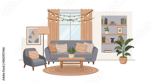 Cozy living room with modern furniture and warm lighting