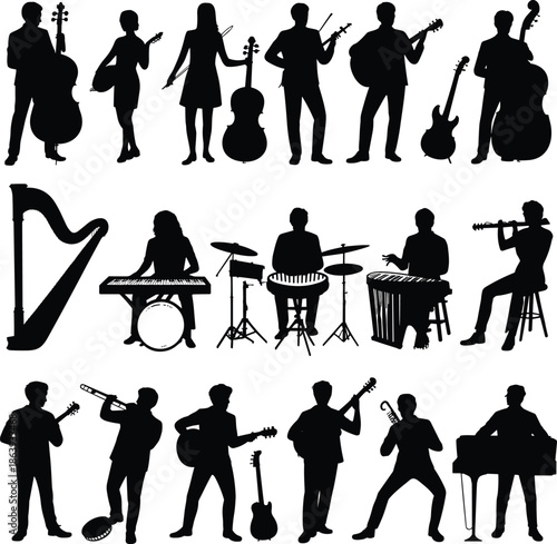 Musician silhouettes, playing instruments, cello, violin, guitar, harp, keyboard, drums, trumpet, saxophone, clarinet, ensemble, performance, concert, music