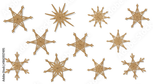 Set of golden star ornaments on white background for Christmas decoration