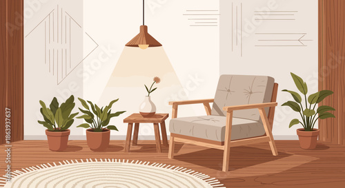 Cozy living room with chair, plants, and pendant light