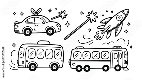 Transportation Dreams: Whimsical illustrations depict vehicles, rocket and magic. Conjuring the imagination