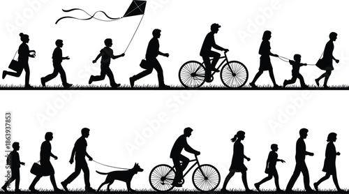 Outdoor silhouette vector, walking, running, biking, flying kite, dog walking, family activity, black outline, leisure movement, park lifestyle