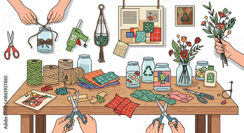 Upcycling craft table with hands creating eco friendly decor